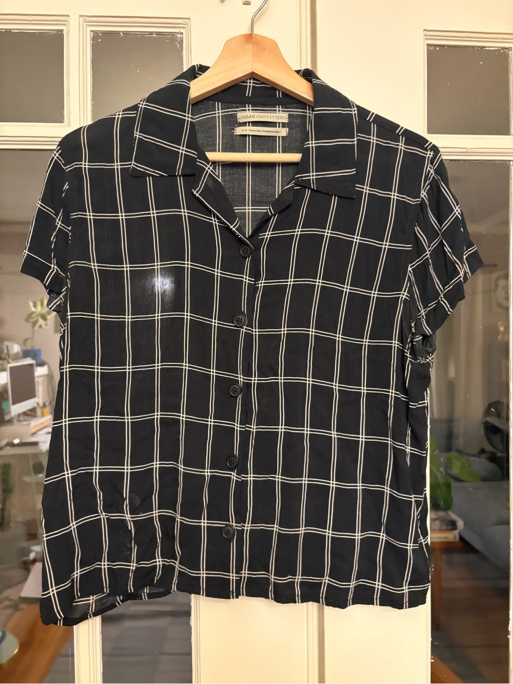 Urban Outfitters Black Windowpane Short-Sleeve Button-Up
